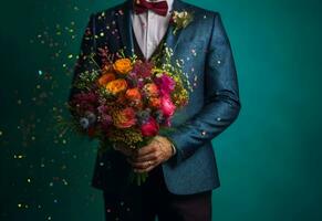 homem dentro uma terno segurando uma ramalhete do flores com festivo ouropel e confete em uma verde fundo com cópia de espaço. gerado ai. foto