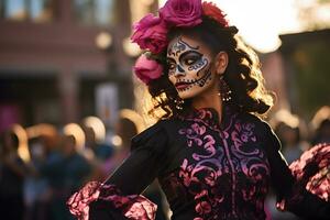 lindo fechar-se retrato do jovem mulher dentro tradicional calavera Catrina equipamento e Maquiagem para a dia do a morto às a nacional mexicano festival. ai gerado foto