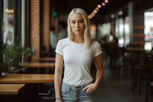 jovem Loiras mulher vestindo Bella tela de pintura branco t camisa e jeans, às uma acolhedor restaurante em verões dia. Projeto camiseta modelo, impressão apresentação brincar. ai gerado. foto