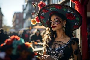 lindo fechar-se retrato do jovem mulher dentro tradicional calavera Catrina equipamento e Maquiagem para a dia do a morto às a nacional mexicano festival. ai gerado foto