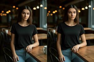 jovem mulher vestindo Bella tela de pintura Preto t camisa e jeans, às uma acolhedor restaurante em verões dia. dois vertical Projeto camiseta modelo, impressão apresentação brincar. ai gerado. foto