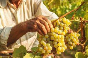 fechar acima do agricultor masculino mãos colheita branco uva. orgânico frutas, colheita e agricultura conceito. gerado ai. foto