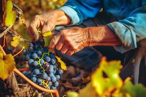 fechar acima do agricultor masculino mãos colheita vermelho uva. orgânico frutas, colheita e agricultura conceito. gerado ai. foto