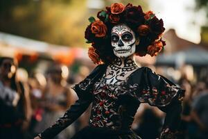 lindo fechar-se retrato do jovem mulher dentro tradicional calavera Catrina equipamento e Maquiagem para a dia do a morto às a nacional mexicano festival. ai gerado foto