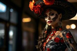 lindo fechar-se retrato do jovem mulher dentro tradicional calavera Catrina equipamento e Maquiagem para a dia do a morto às a nacional mexicano festival. ai gerado foto