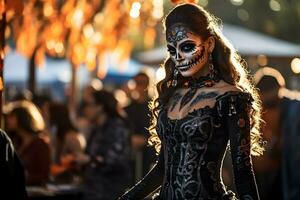 lindo fechar-se retrato do jovem mulher dentro tradicional calavera Catrina equipamento e Maquiagem para a dia do a morto às a nacional mexicano festival. ai gerado foto