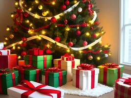 presente presente caixas por aí Natal decorado árvore dentro uma quarto foto