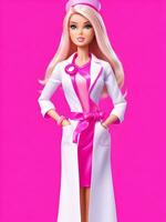 Barbie dentro médico terno com Rosa fundo ai generativo foto