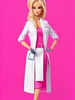 Barbie dentro médico terno com Rosa fundo ai generativo foto