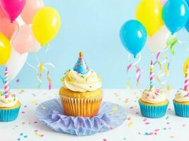 aniversário bolos de copo com fundo do colorida balões ai generativo foto