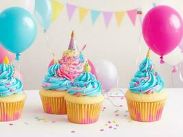 aniversário bolos de copo com fundo do colorida balões ai generativo foto