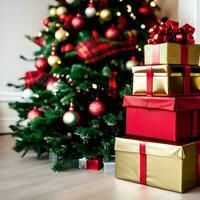 presente caixa debaixo decorado Natal árvore - gerado imagem foto