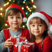 feliz criança com uma Natal presente caixas com uma decorado Natal árvore dentro uma quarto - gerado imagem foto