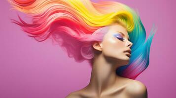 lindo mulher com colorida cabelo em uma Rosa fundo. 3d Renderização generativo ai foto