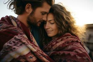 jovem casal dentro amor embrulhado dentro uma cobertor às pôr do sol. fechar acima. generativo ai foto