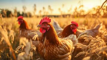 galinhas e galo em uma Fazenda dentro a Sol. generativo ai foto