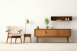 elegante simples de madeira mobília simbolizando minimalista vivo isolado em uma branco fundo foto