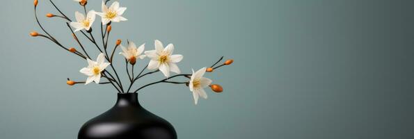 uma minimalista Preto vaso com uma solteiro branco flor isolado em uma cinzento gradiente fundo foto