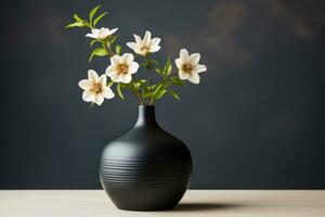 uma minimalista Preto vaso com uma solteiro branco flor isolado em uma cinzento gradiente fundo foto