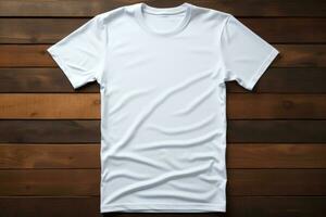 uma lustroso branco minimalista algodão t camisa isolado em uma azul gradiente fundo foto