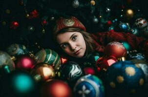 mulher deitado dentro Natal colorida vidro decorativo bolas. gerar ai foto