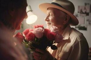 Senior homem surpresas esposa com flores ramalhete. gerar ai foto