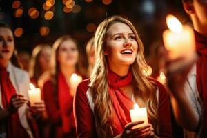 alegre coro entregando sincero canções de natal capturando a essência do Natal espírito foto