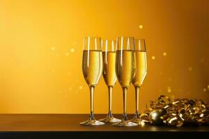 Novo anos véspera champanhe torrada isolado em uma ouro gradiente fundo foto