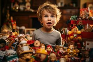 anos 90 criança em êxtase desembrulha favorito brinquedo no meio vibrante Natal manhã caos foto