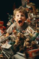 anos 90 criança em êxtase desembrulha favorito brinquedo no meio vibrante Natal manhã caos foto