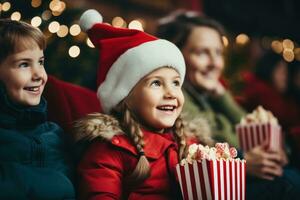 anos 90 família desfrutando uma nostálgico blockbuster filme noite em Natal véspera foto