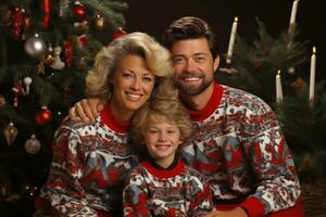 família dentro anos 90 feriado blusas alegremente posando de uma Natal árvore foto