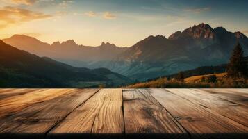 de madeira mesa com uma fundo do uma montanha panorama durante nascer do sol foto