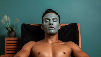 uma Forte em forma atleta relaxante com uma térmico facial mascarar depois de exercite-se para pele recuperação relaxante spa fundo com esvaziar espaço para texto foto