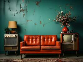 vintage televisão dentro uma velho vivo quarto com sofá e bronzeado cadeira ai generativo foto