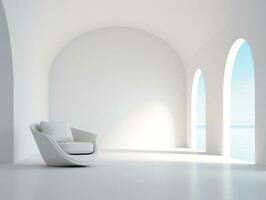 moderno branco quarto com arqueamento janela e uma cadeira ai generativo foto