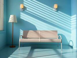 moderno esvaziar azul quarto com uma Banco e raios solares brilho ai generativo foto