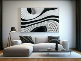 moderno interior quarto com branco e Preto onda parede arte ai generativo foto