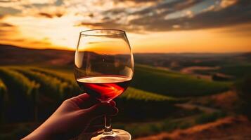 mão segurando vidro do vermelho vinho durante pôr do sol foto