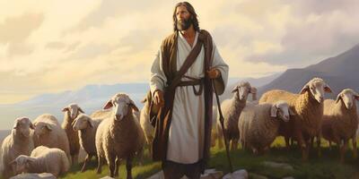 Jesus Cristo, a Boa pastor e ovelha às verde colina. ai generativo foto