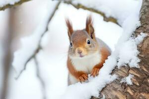 fofa vermelho esquilo sentado dentro uma neve e olhando para Comida em inverno floresta. animais selvagens cena. generativo ai foto