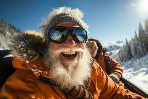 alegre Senior desfrutando uma vibrante esqui passeio dentro uma Nevado paraíso foto