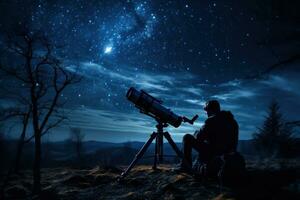 astrônomo documentando observações dentro Sombrio céu reserva fundo com esvaziar espaço para texto foto