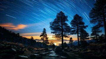 explorando a cósmico balé através Estrela trilha fotografia dentro Sombrio céu reservas foto