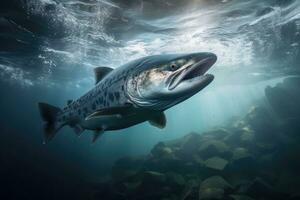 Tubarão natação dentro a oceano. aquático cena com grande peixe, profissional embaixo da agua tiro do uma salmão procurando para comida, ai gerado foto