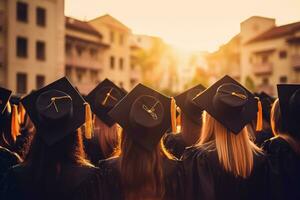 costas Visão do uma grupo do graduados com diplomas em seus cabeças, traseiro Visão graduação chapéus em universidade graduados às dourado hora, ai gerado foto