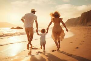 feliz família do três caminhando em a de praia às pôr do sol. pai, mãe e pequeno filha tendo Diversão em verão férias, traseiro Visão feliz jovem família corrida e pulando em verão praia, ai gerado foto