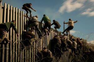 migrantes escalar sobre fronteira cerca tráfego. gerar ai foto