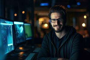 retrato do uma bonito jovem homem dentro óculos sentado dentro frente do computador monitores, retrato, homem e sorrir do programador em computador dentro escritório local de trabalho às noite, ai gerado foto