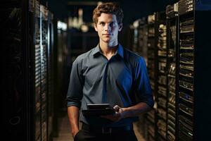 retrato do bonito jovem homem dentro Centro de dados servidor sala, retrato do jovem homem com computador portátil em pé de servidor , ai gerado foto
